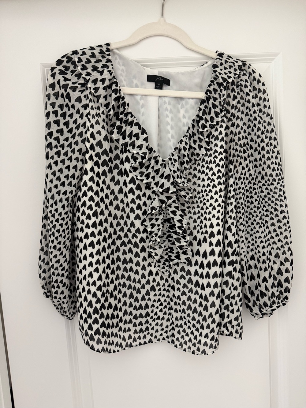NWOT J. Crew Black & White Heart Print Ruffle V-Neck Blouse